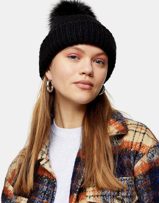 Topshop recycled bobble hat with faux fur pom pom in black