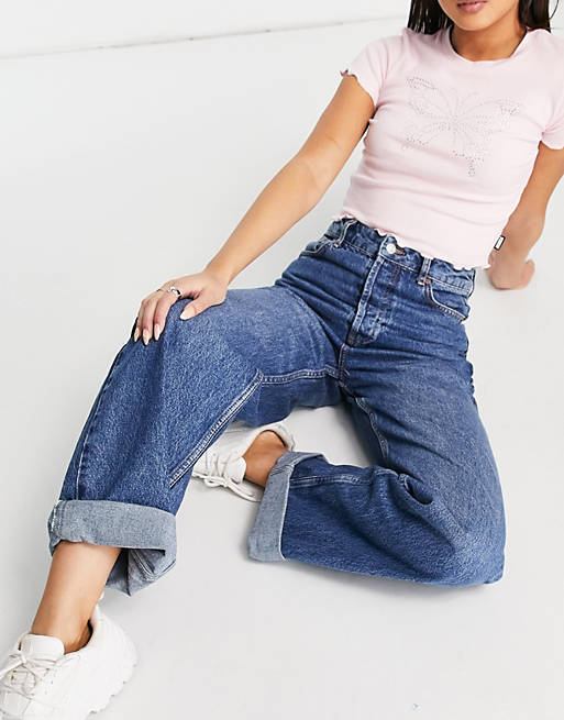  Topshop recycled cotton blend oversized mom jeans in mid blue 
