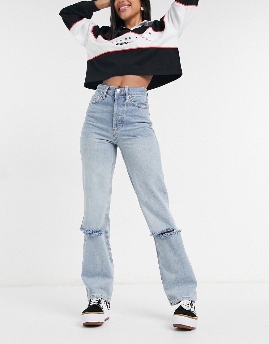 Topshop recycled cotton dad jeans with low knee rip in bleach-Blues
