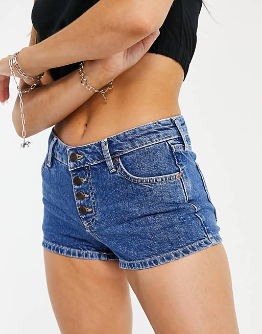 undefined | Topshop recycled cotton mini button denim shorts in mid blue