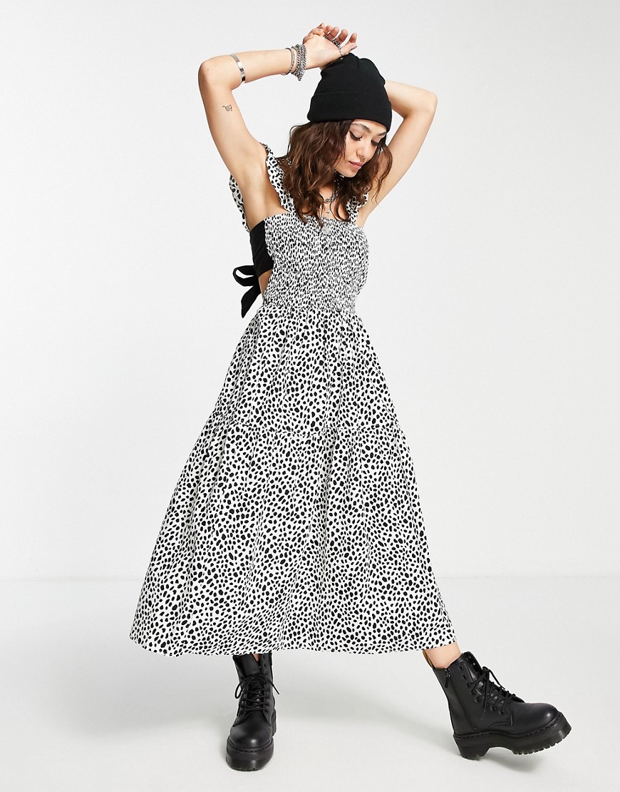Topshop recycled cotton poplin shirring apron dress in dot in mono-Multi