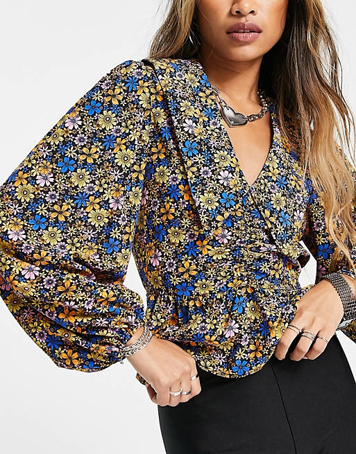 Women Shirts & Blouses/Topshop recycled floral print dropped collar blouse in blue 