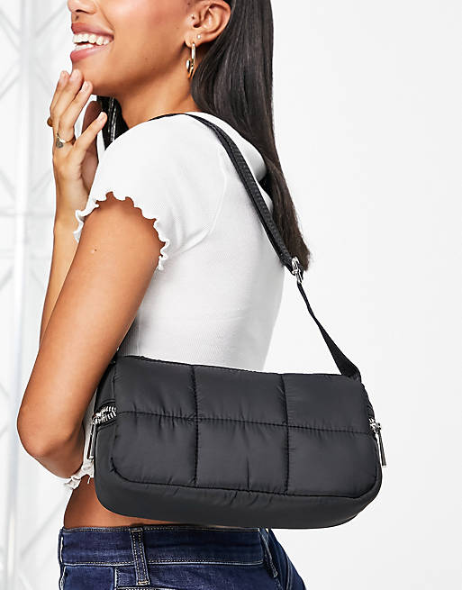 Topshop recycled nylon square quilted shoulder bag in black