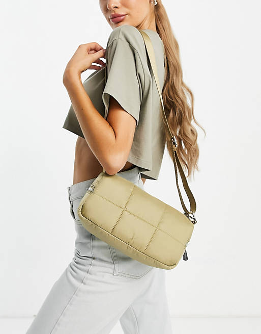 Topshop nylon square quilted shoulder bag in khaki