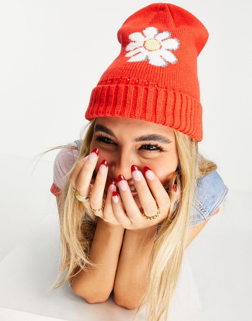 Topshop Recycled polyester blend knit daisy beanie in red