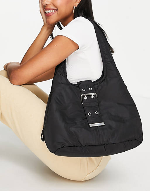 Topshop recycled polyester mini tote bag with buckle in black
