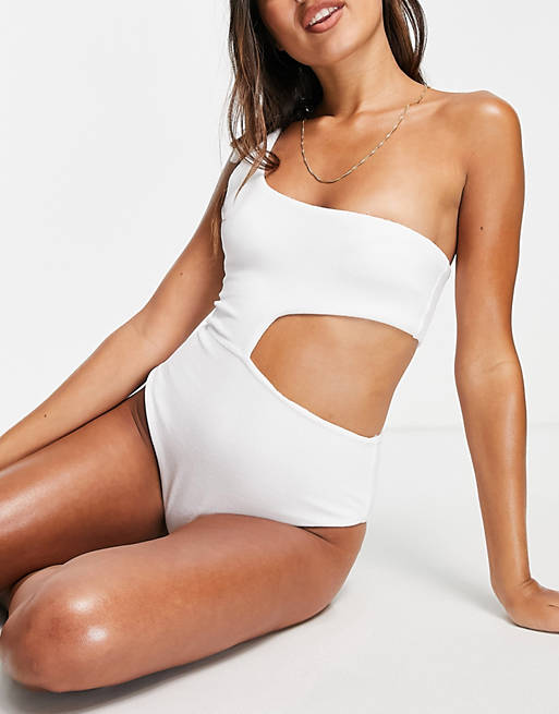 Topshop towelling one shoulder swimsuit in white