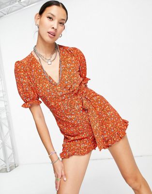 Topshop red ditsy print ruffle playsuit