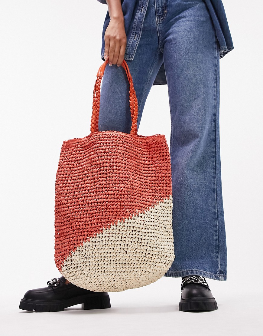 Topshop red mix tote with plait strap detail