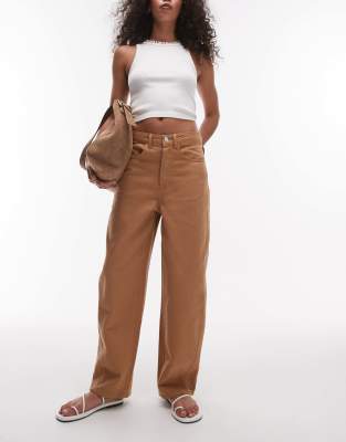 relaxed barrel leg pants with seam detail in tan-White