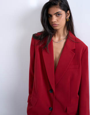 Topshop - Relaxed-Fit-Blazer in Kirschrot mit zwei Knöpfen