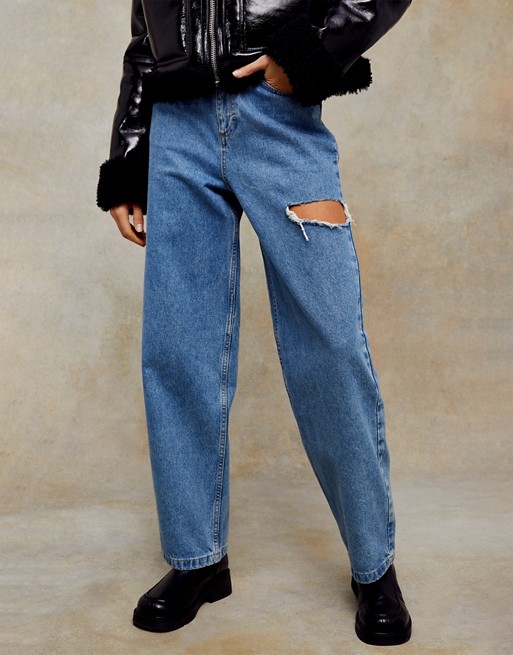Topshop relaxed fit side rip jeans in mid blue