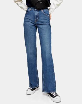 Topshop relaxed flare jeans in mid wash blue, Compare