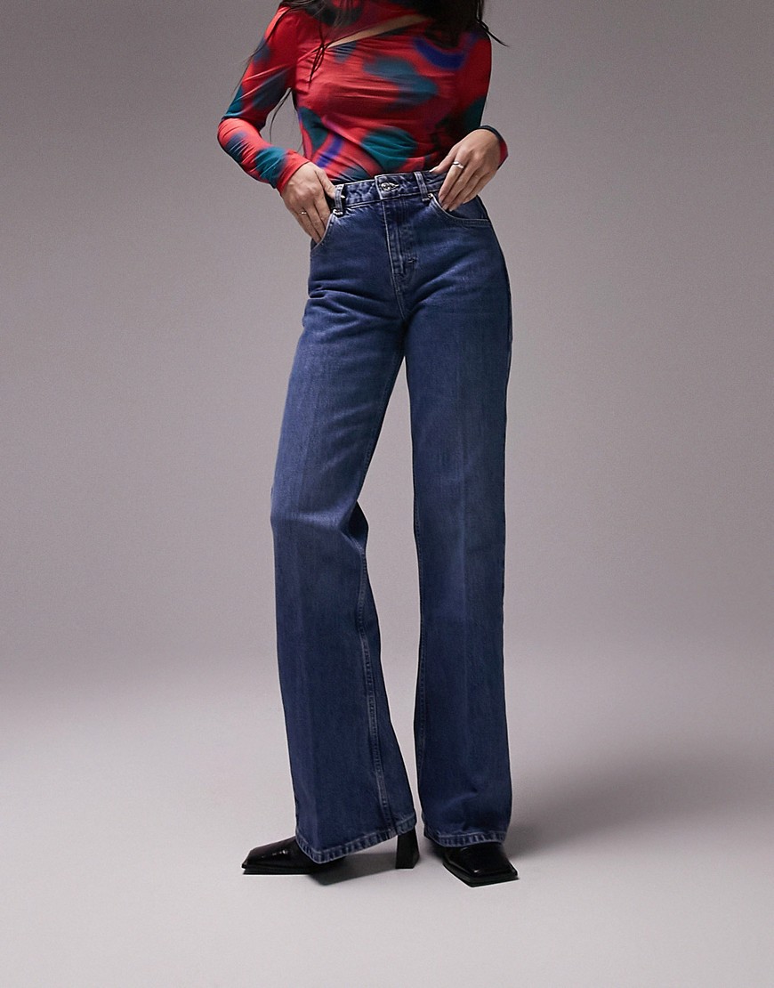 Topshop Relaxed Flare Jean In Mid Blue-blues