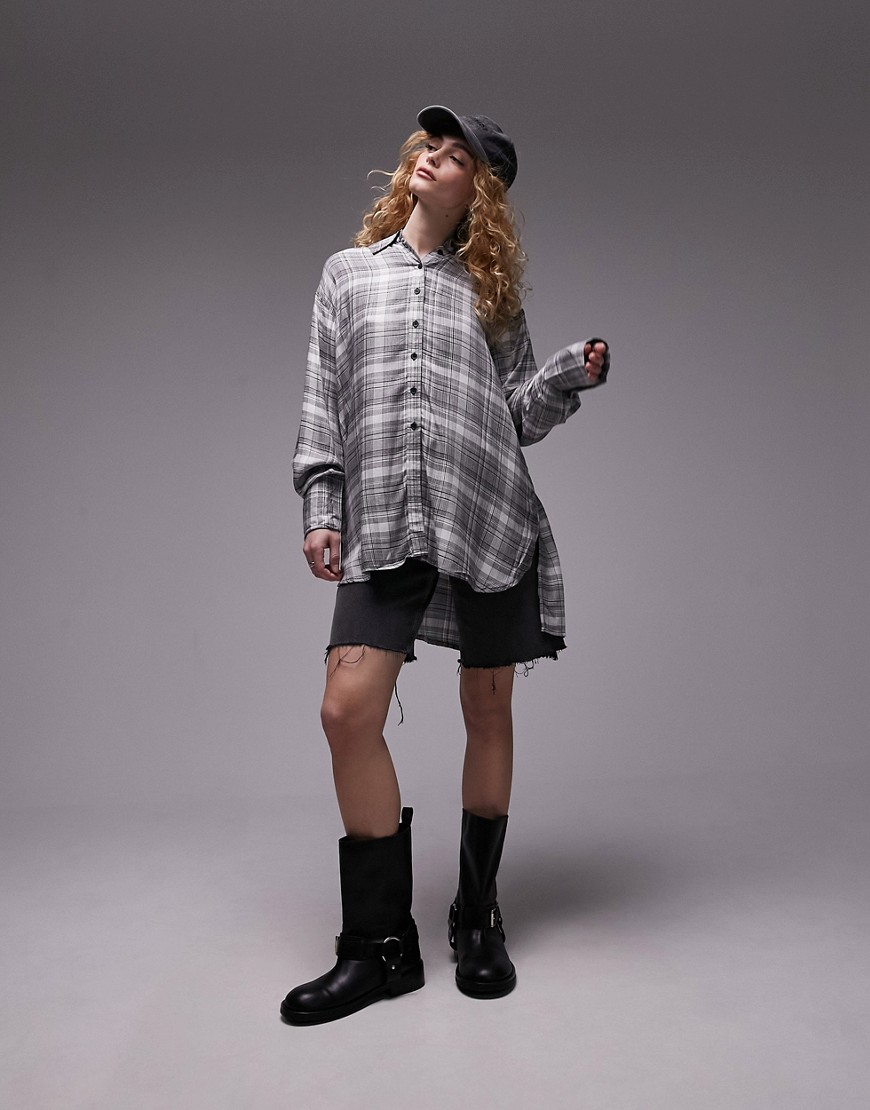 Topshop relaxed long sleeve oversized check shirt in black and white