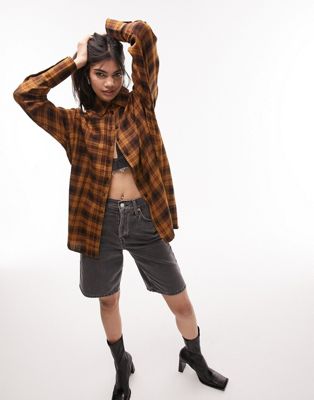 Topshop relaxed long sleeve oversized check shirt in mustard