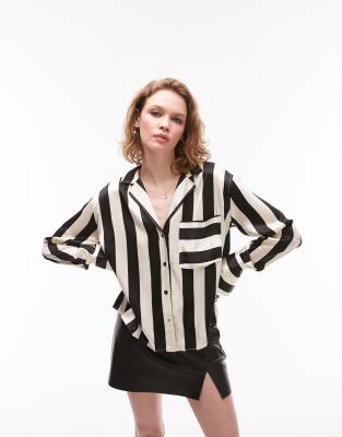 Topshop Relaxed Pj Stripe Shirt In Monochrome-black