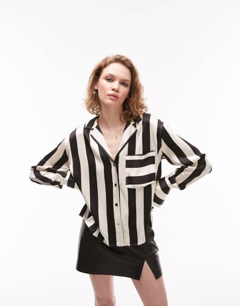 Topshop relaxed pj stripe shirt in monochrome - view 1