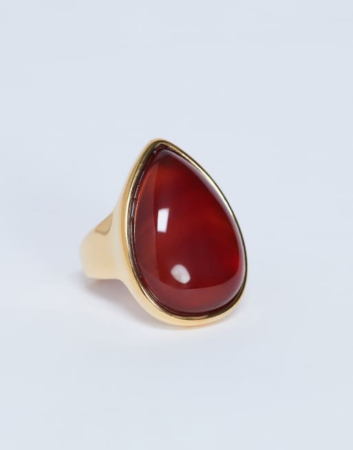 Topshop - Remi - Anello in acciaio inossidabile resistente all'acqua color oro con pietra semipreziosa arancione brunito