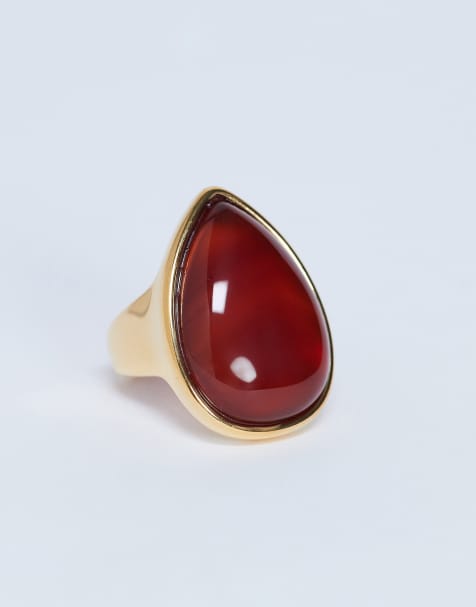 Topshop Remi waterproof stainless steel ring with semi precious stone in gold and burnt orange - view 1