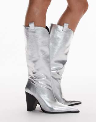 Topshop - Remy - Hochwertige Cowboystiefel aus Leder in Silber mit Absatz