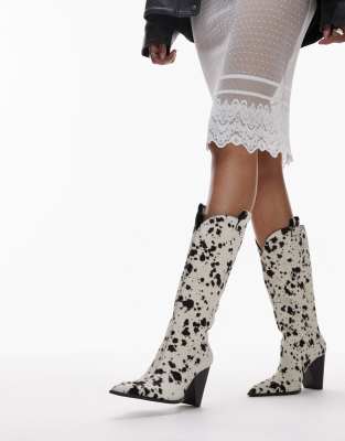 Remy premium leather heeled western boot in cow print pony-Multi