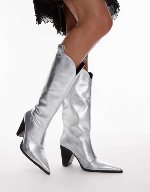 Topshop Remy premium leather heeled western boot in silver