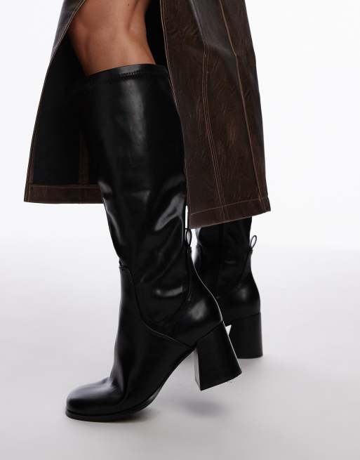 Topshop Ren Knee High Heeled Boots in Black