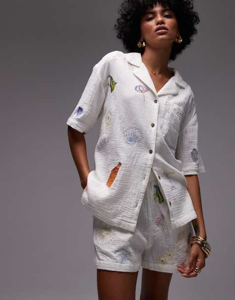 Topshop - Resort overhemd van co-ord set van katoen met geborduurde krabbelprint in wit - view 1