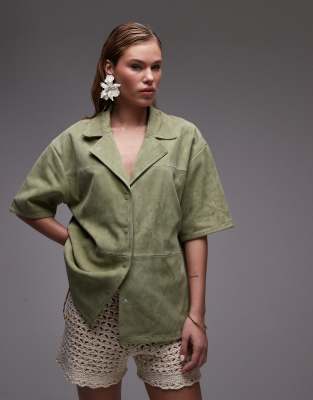 Topshop - Resort overhemd van echt suède in kaki, deel van co-ord set - view 1