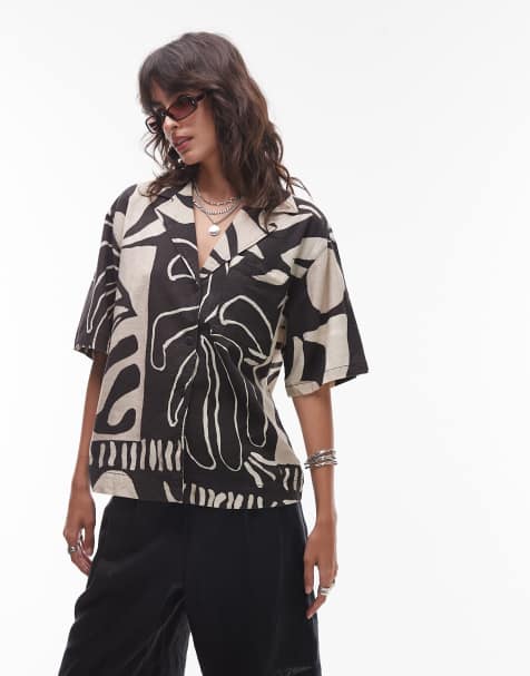 Topshop resort shirt in abstract mono print - view 1