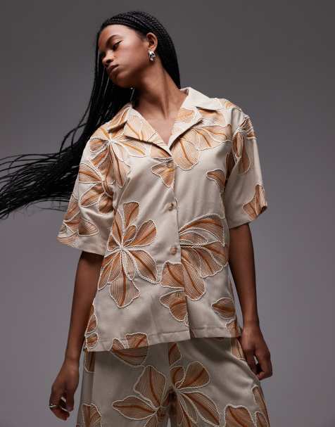 Topshop resort shirt in natural floral stitch (part of a set) - view 1