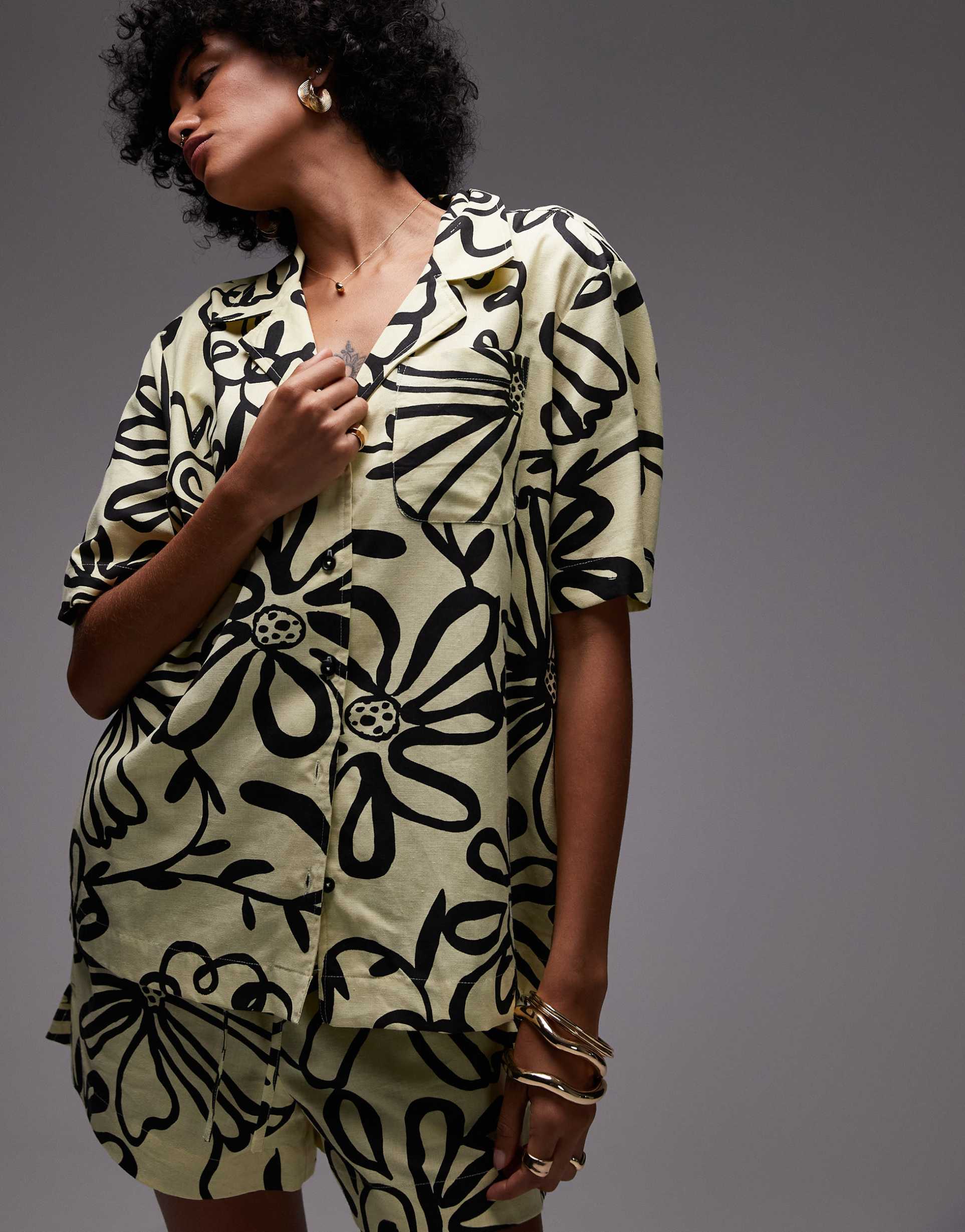 topshop resort shirt in yellow floral print - part of a set