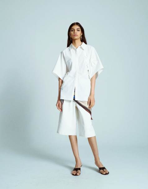 Topshop resort shirt with 3D flower applique in white - view 1