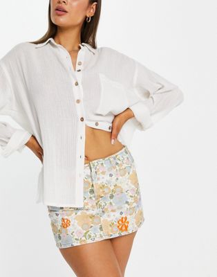 retro floral embroidered cotton blend denim skirt in multi - MULTI