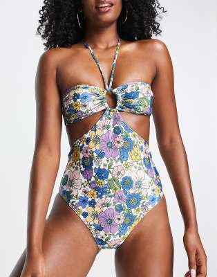 Topshop retro floral keyhole swimsuit in multi  - MULTI