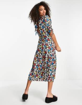 Topshop Retro Primary Floral Peplum Midi Dress In Multi
