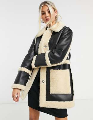 Topshop reversible borg shacket in black and cream-Svart