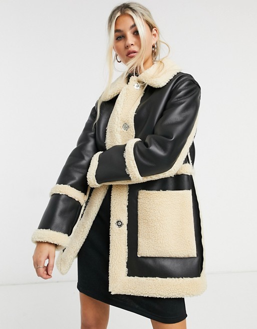 Topshop reversible borg shacket in black and cream