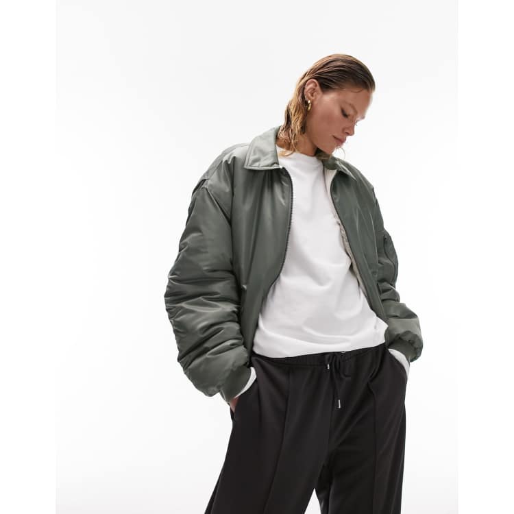 ClassicfuncenterShops Topshop reversible collared nylon bomber jacket with stripe in khaki Women s Outerwear Coats Jackets