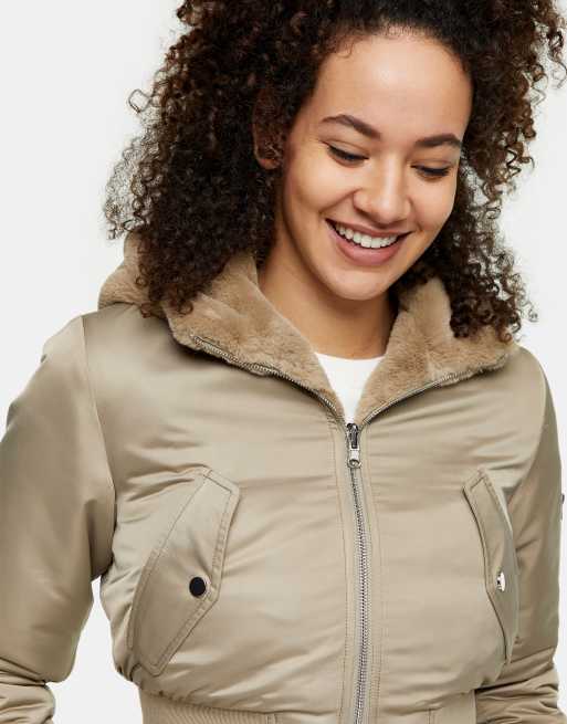 Topshop reversible faux fur and nylon cropped jacket with hood in beige