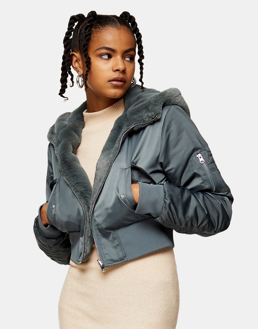 Topshop reversible faux fur and nylon cropped jacket with hood in blue-Blues