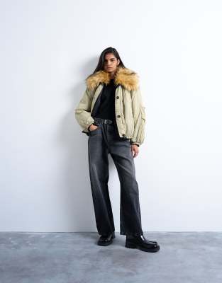 Topshop Reversible Faux Fur Collar Hybrid Bomber Jacket In Green