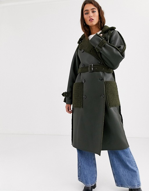 Topshop reversible faux shearling trench coat in khaki