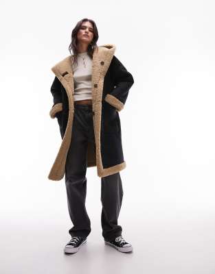 Topshop Reversible Faux Suede Shearling Hooded Longline Car Coat With Chocolate Borg Lining In Black