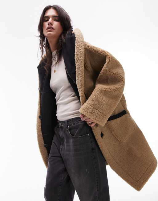 Topshop Tall faux leather shearling oversized car coat with borg lining in  brown