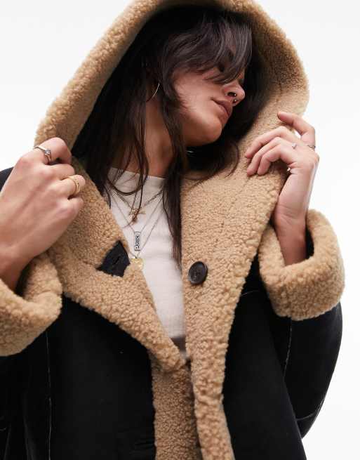 Topshop reversible faux suede shearling hooded longline car coat with chocolate borg lining in black ASOS