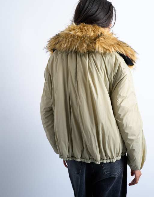 Topshop reversible fur collar hybrid bomber in green, 4 of 4