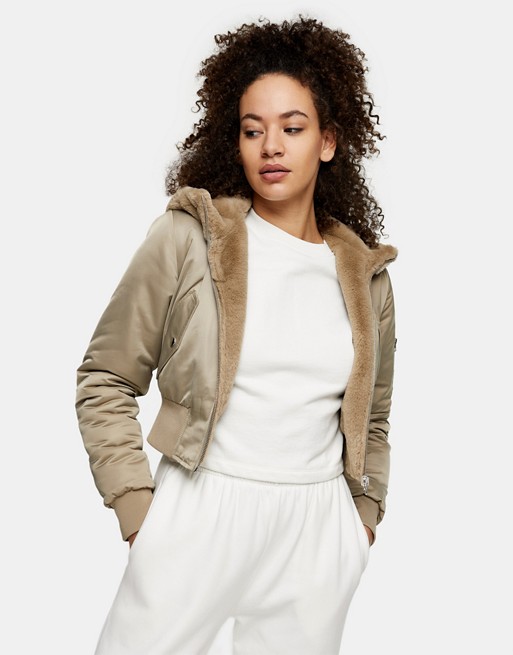 Topshop reversible faux fur and nylon cropped jacket with hood in beige