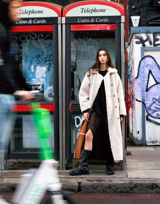 Topshop faux shearling longline coat in tan and cream